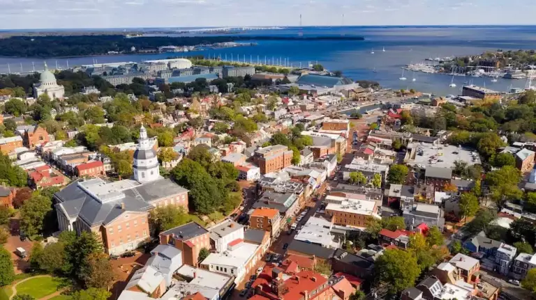 Aerial Panoramic View Annapolis Maryland State House Capital City; events in annapolis