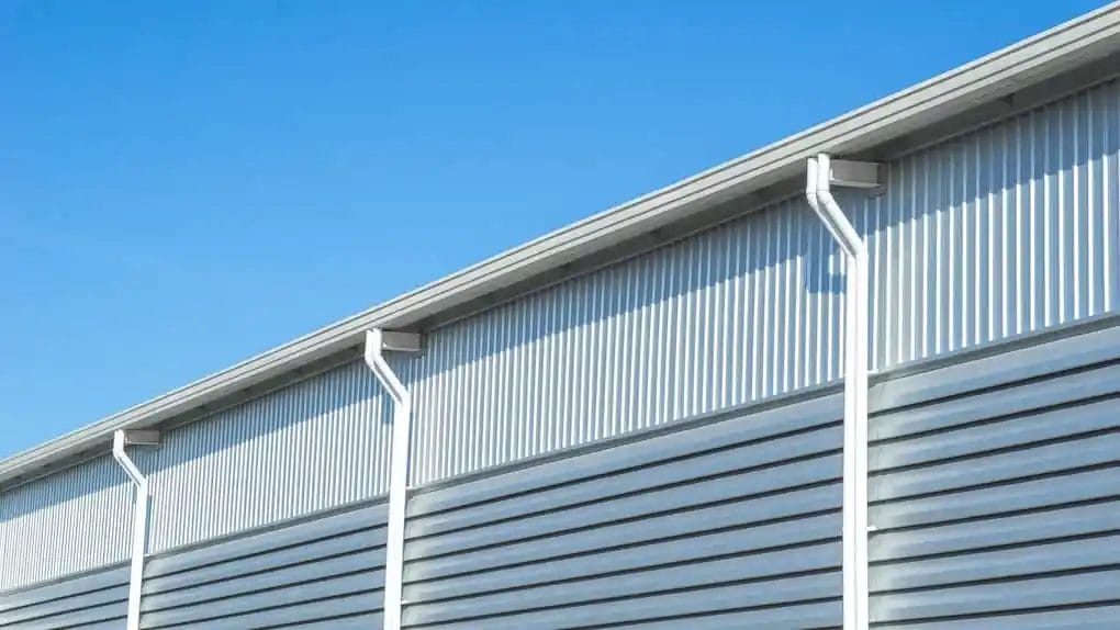 commercial roof gutters against blue sky background 