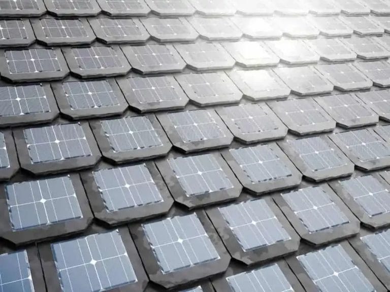 close up view of solar panel shingles; tile roof cost