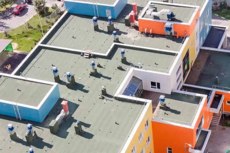 aerial view of commercial flat roof; types of commercial roofs